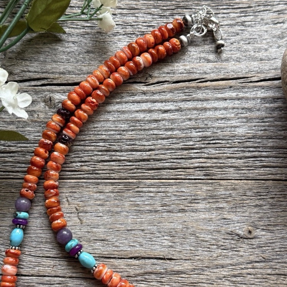 Orange Spiny Oyster Multi Stone Color Sterling Silver Bead Necklace 18 inch Gift - Picture 6 of 12